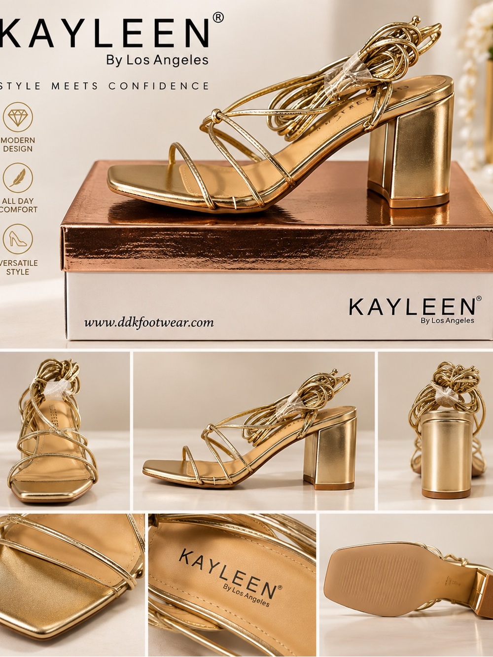 Gold Strappy Block Heel Sandals